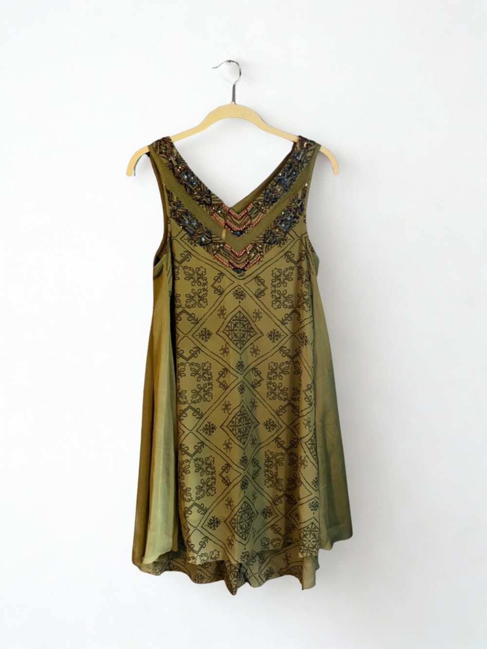 Free People Olive Green Beaded Sleeveless Dress
